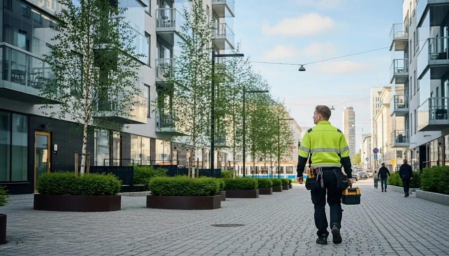 Putkiasentaja tarkistaa lämmönjakohuonetta Pirkanmaalla